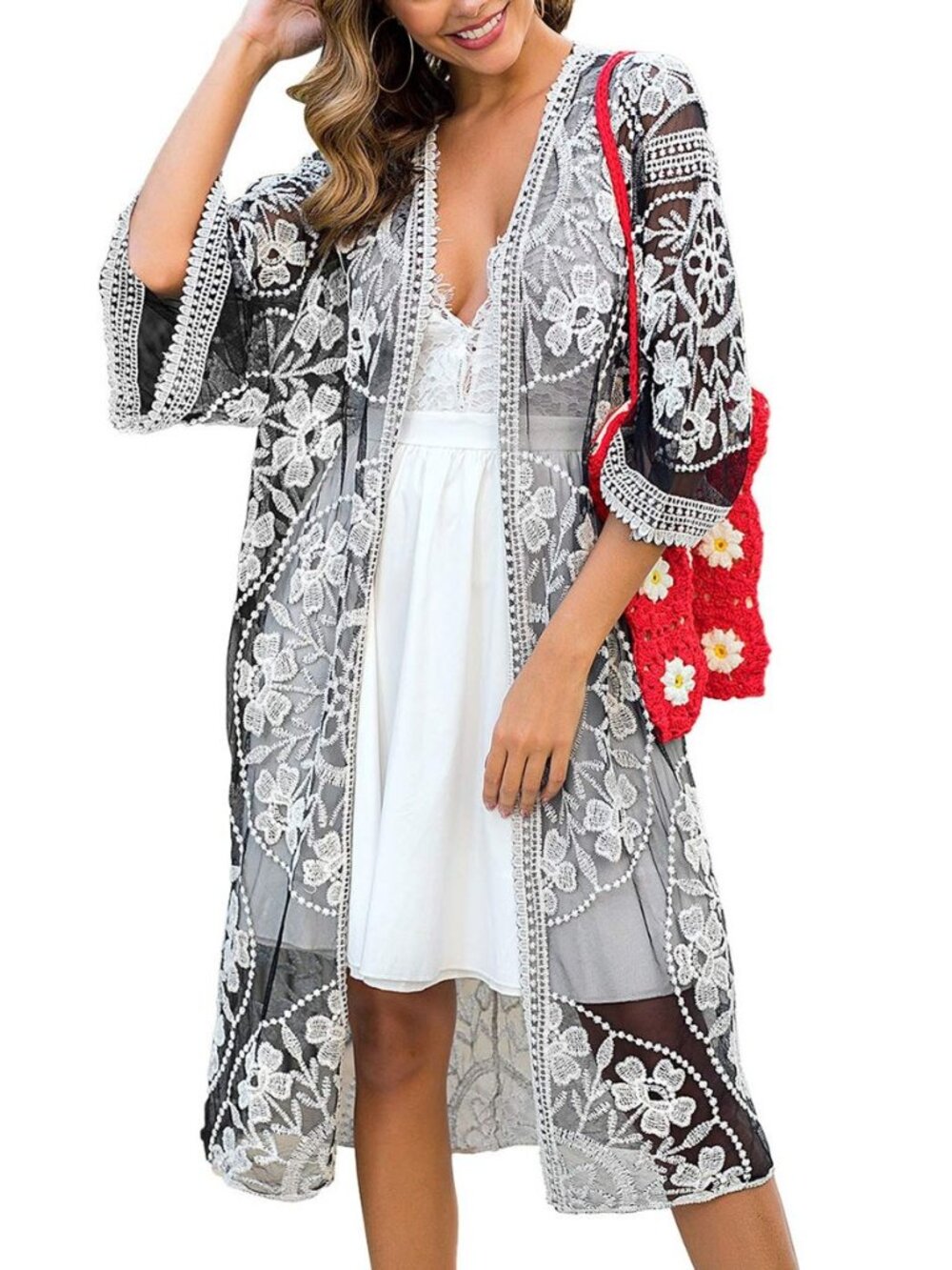 Women's Lace Cardigan Floral Crochet Sheer Beach Cover Ups Long Open Kimono